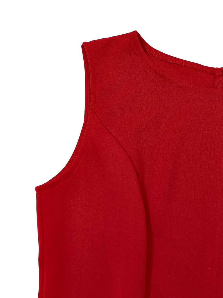 Red 1960s Ruffle Hem Asymmetric Sleeveless Dress