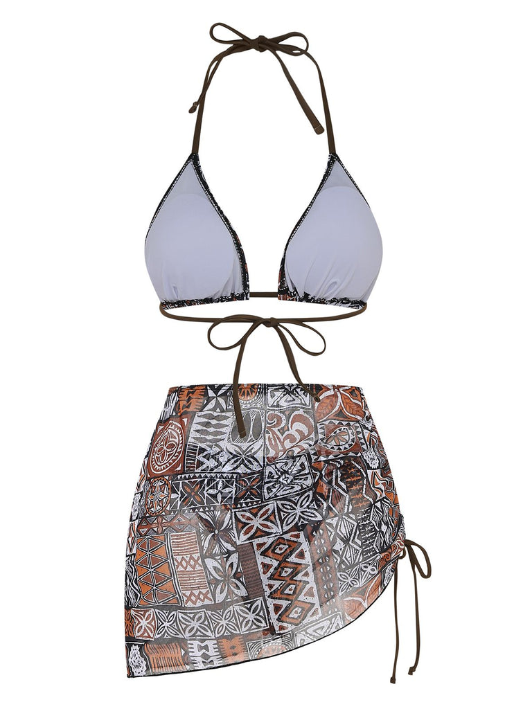 3PCS 1970s Tribal Print Triangle-Strap Bikini Set & Cover-Up