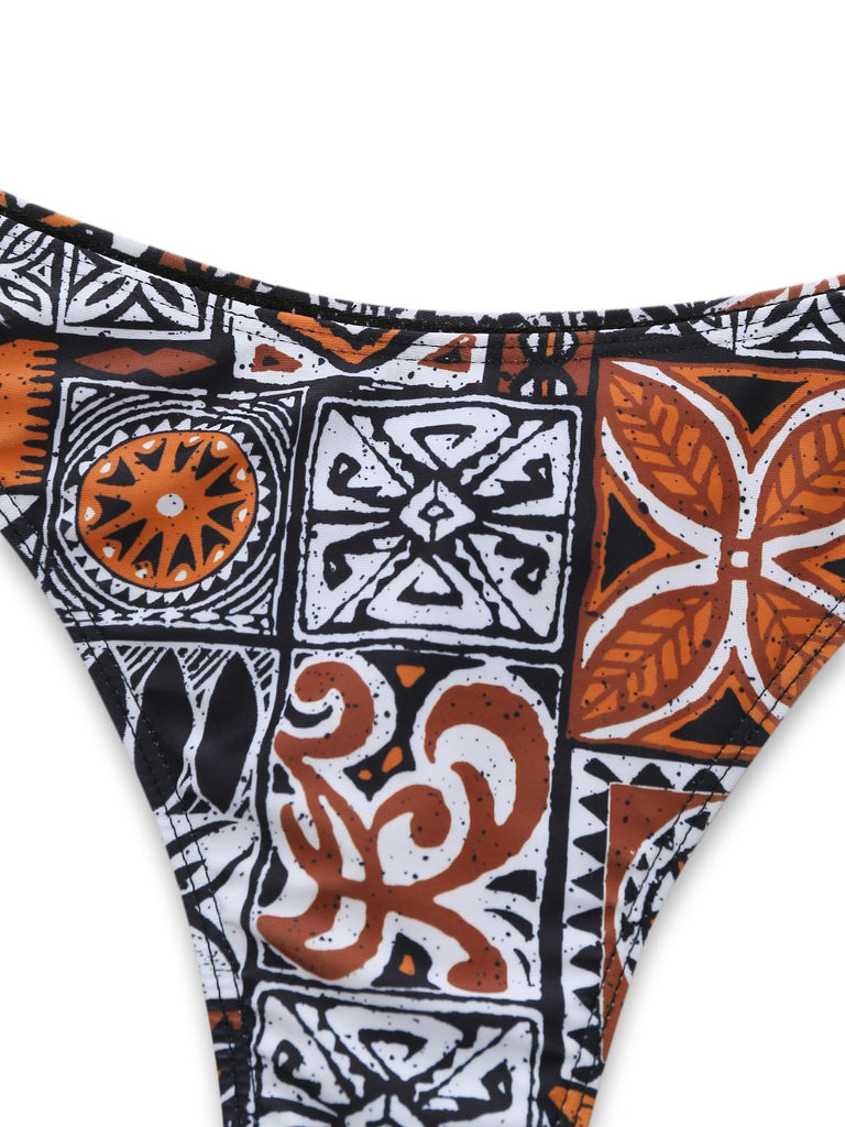 3PCS 1970s Tribal Print Triangle-Strap Bikini Set & Cover-Up