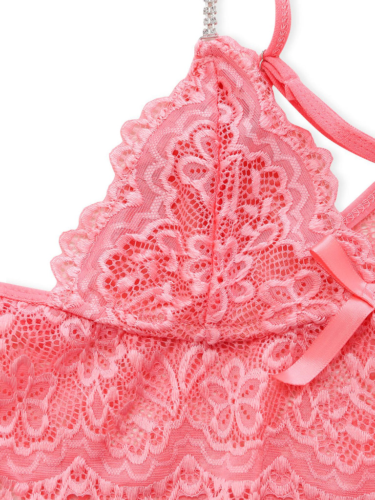 1970S Lace Sheer Petal Ruffle Trim Lingerie Set