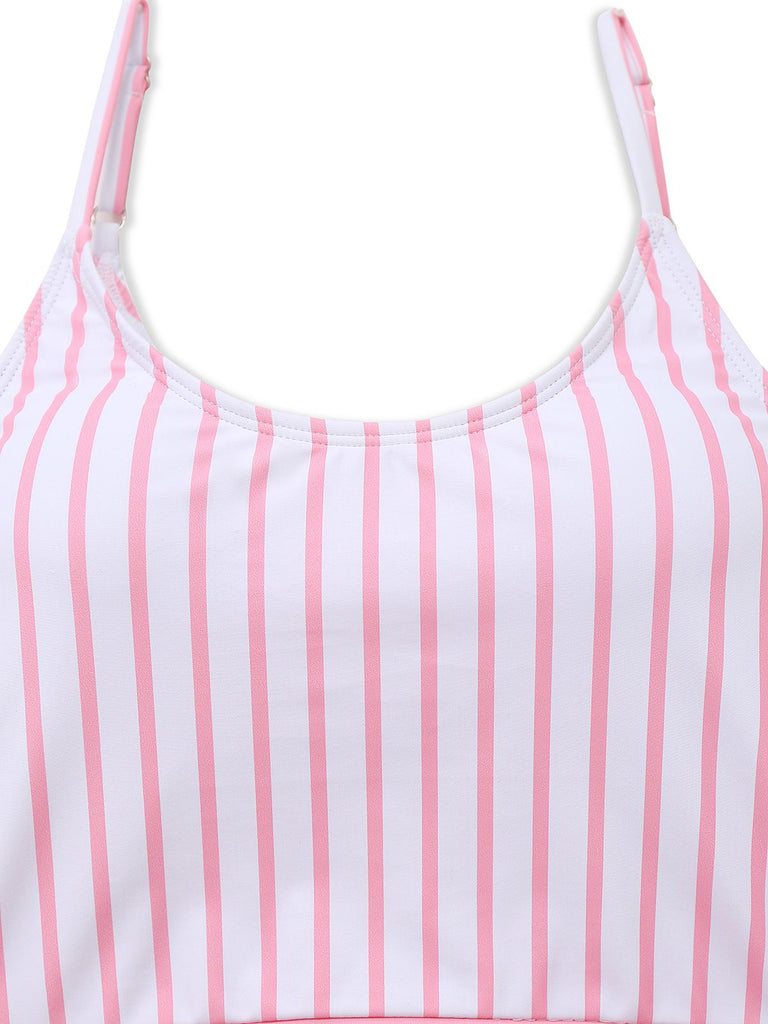 Pink 1950s Striped Bow Tie Back Swimsuit