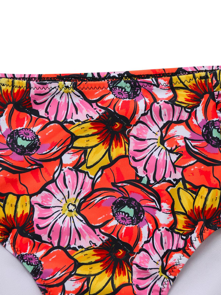 Pink 1970s Boho Floral Cross Neck Swimsuit