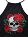 Black 1980s Steampunk Halter Skeleton Rose Swimsuit