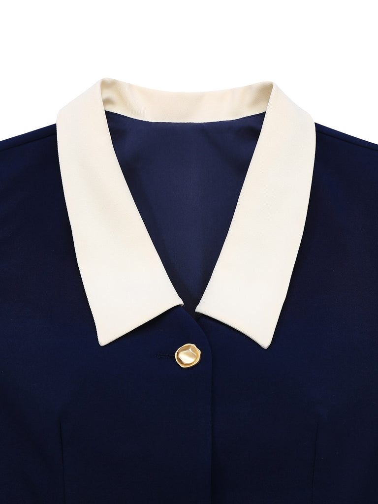 Dark Blue 1960s Contrast Raw Cuffs Buttons Dress
