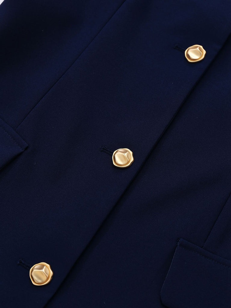 Dark Blue 1960s Contrast Raw Cuffs Buttons Dress