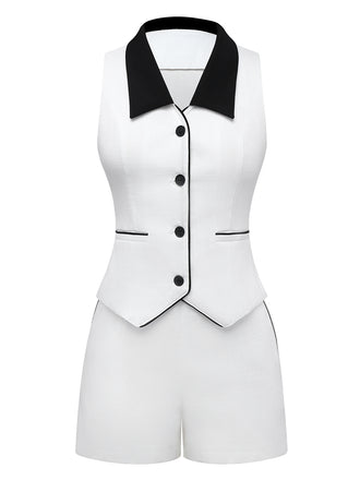 2PCS White 1960s Lapel Collar Button Sleeveless Suit