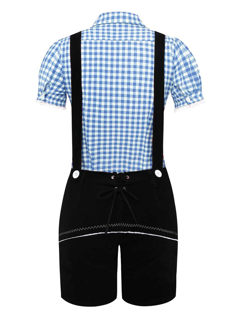 2PCS 1960s Oktoberfest Costume Plaids Blouse & Shorts