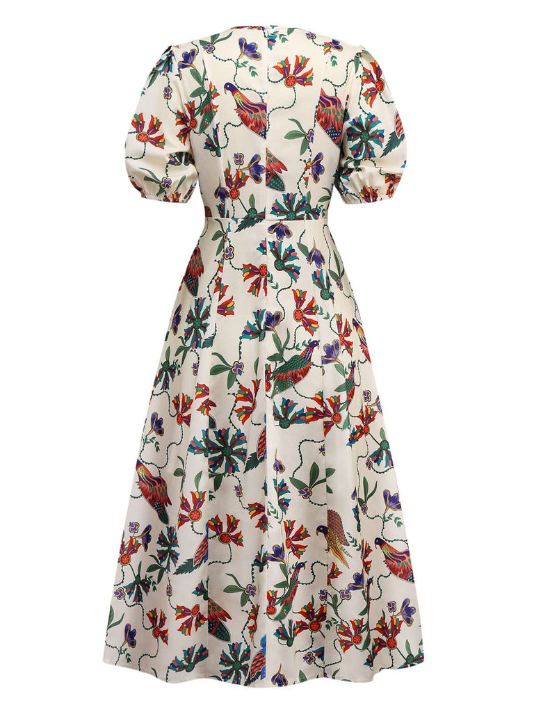 Beige 1940s Flowers & Birds Print Puff Sleeves Dress
