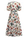 Beige 1940s Flowers & Birds Print Puff Sleeves Dress
