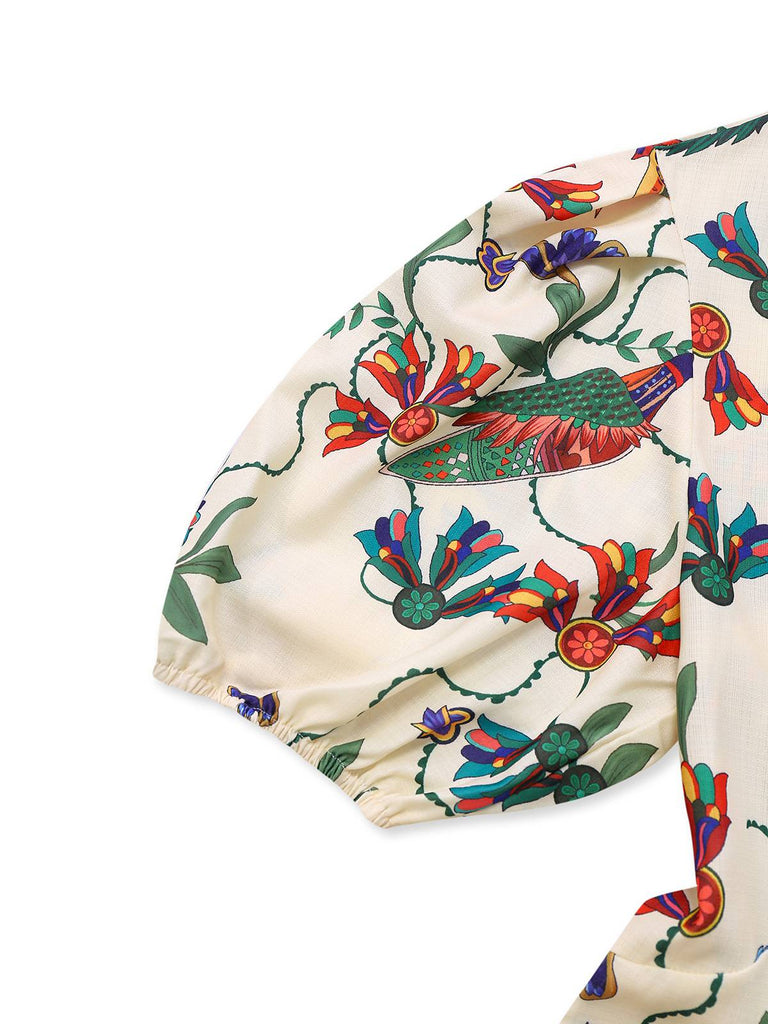 Beige 1940s Flowers & Birds Print Puff Sleeves Dress