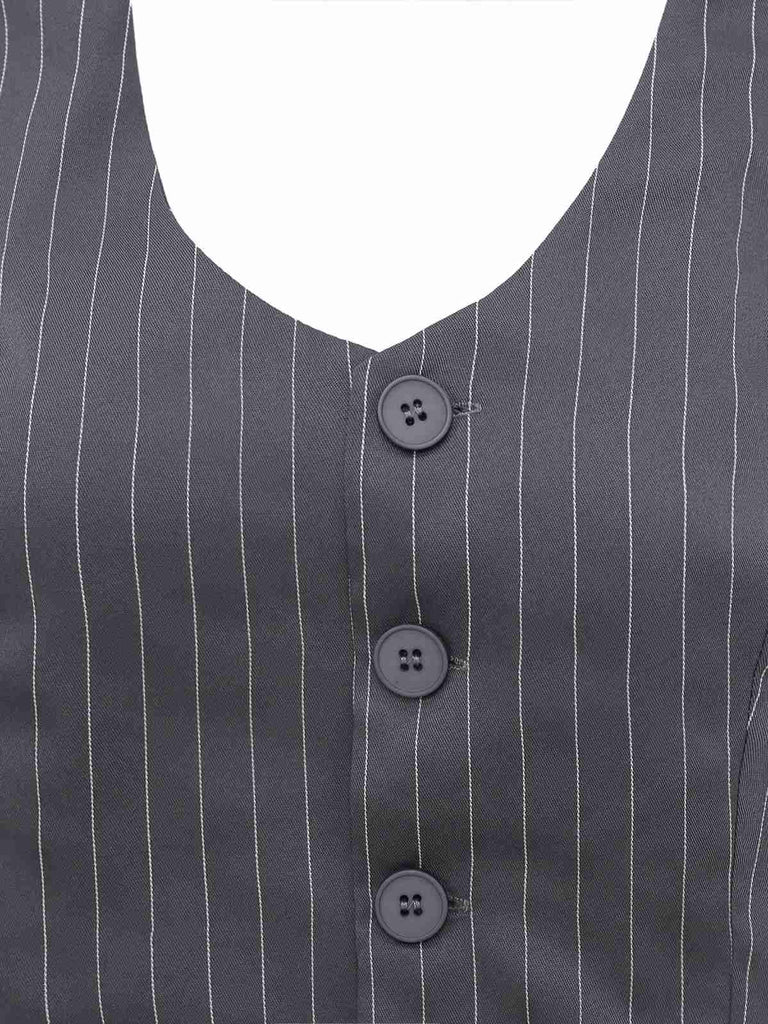 1940s V-Neck Halter Buttoned Pinstripe Jumpsuit