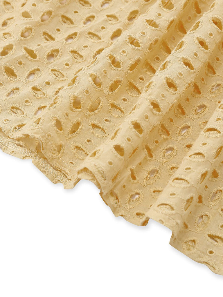 Yellow 1940s Eyelet Lace V-neck Tiered Maxi Dress