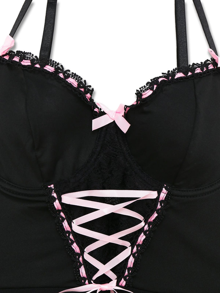 Black 1950s Spaghetti Strap Bow Lace Sleepwear