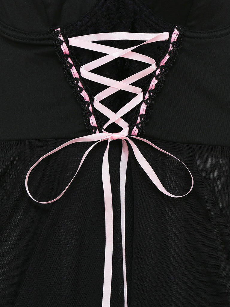 Black 1950s Spaghetti Strap Bow Lace Sleepwear