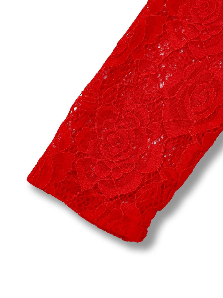 Red 1980s High Neck Sheer Lace Bodycon Maxi Dress