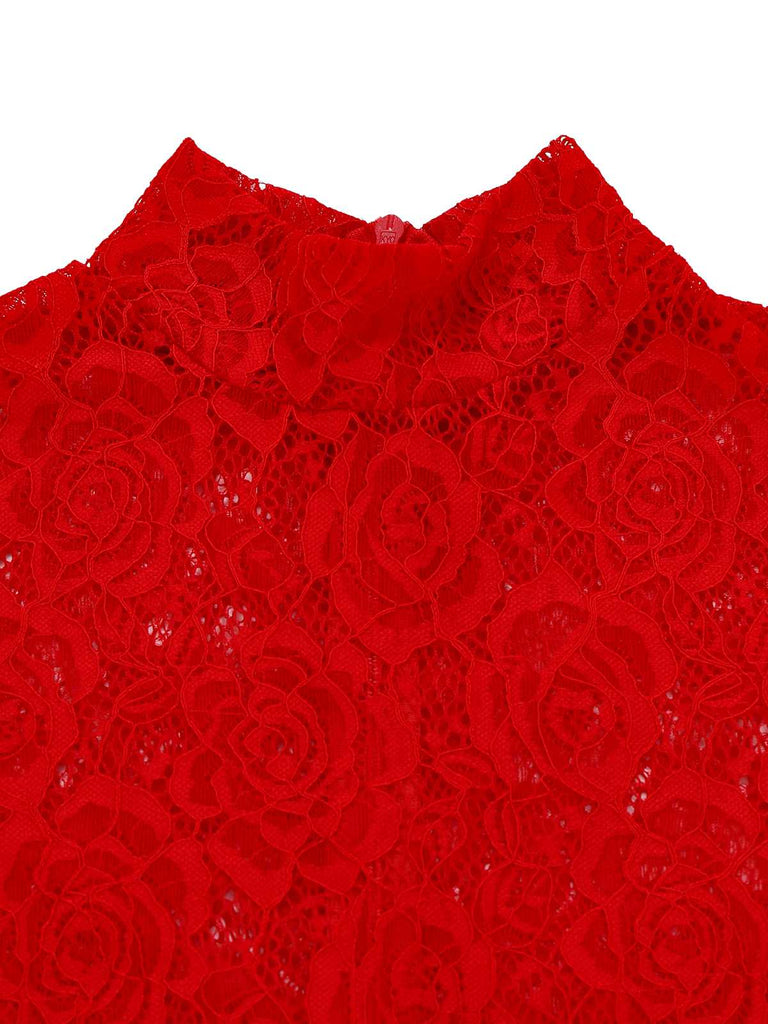 Red 1980s High Neck Sheer Lace Bodycon Maxi Dress