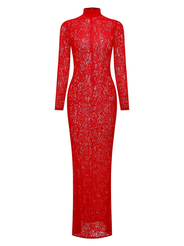 Red 1980s High Neck Sheer Lace Bodycon Maxi Dress