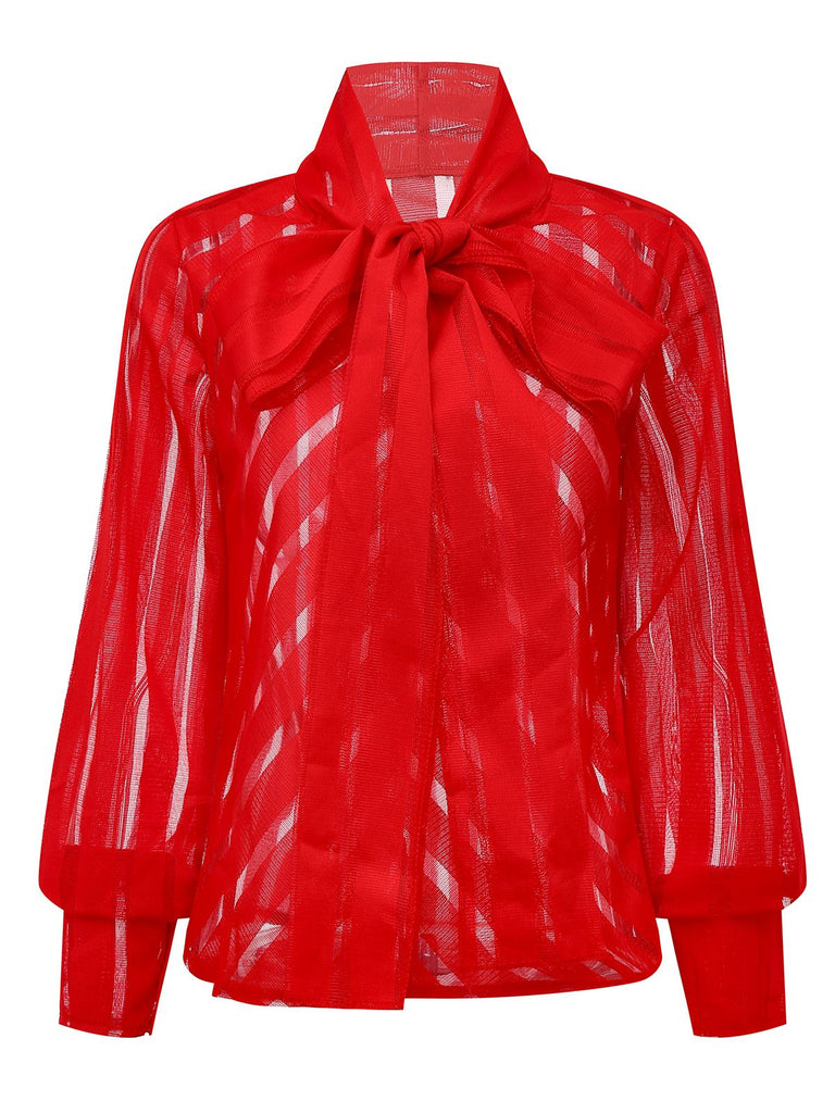 1980s Solid Sheer Mesh Striped Bow Tie Blouse