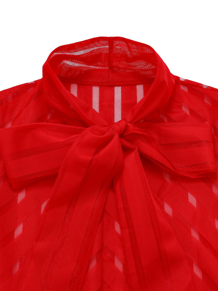 1980s Solid Sheer Mesh Striped Bow Tie Blouse