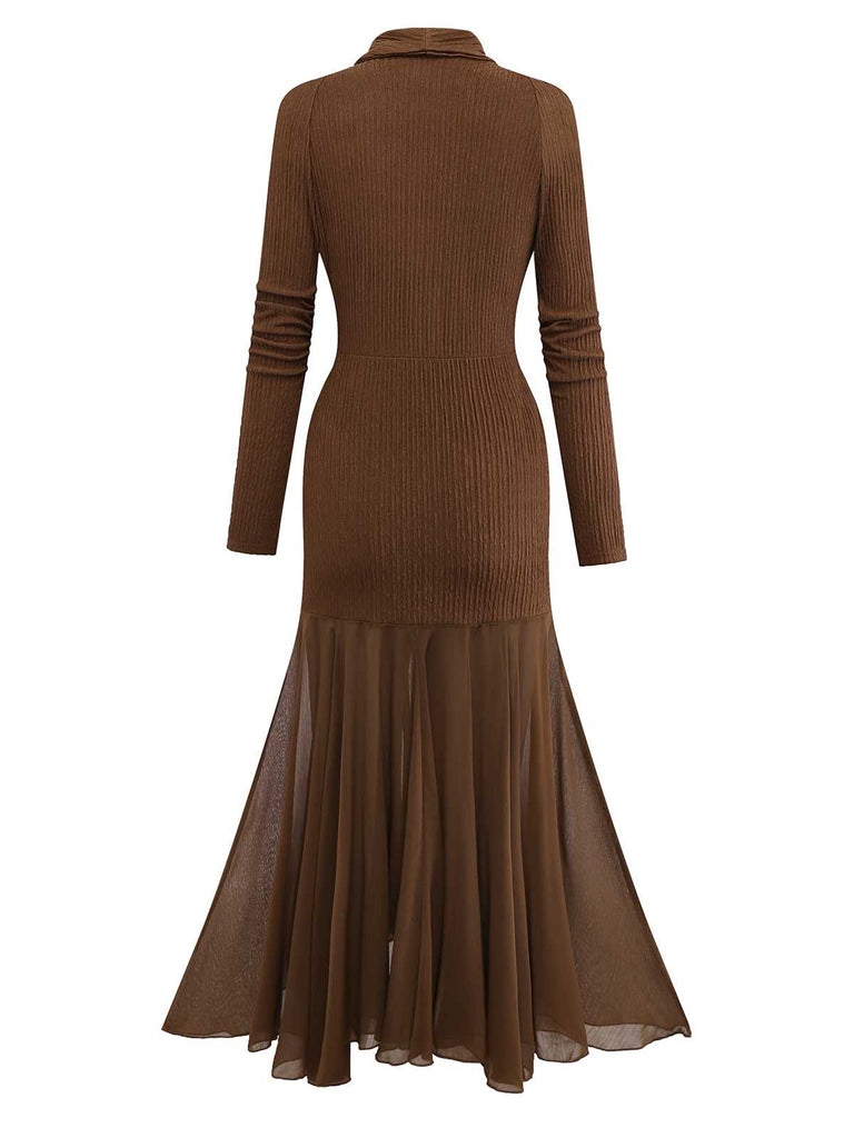 1930s V-Neck Textured Mesh Hem Mermaid Dress