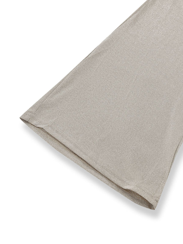 Beige 1980s Glitter Velvet Flared Turtleneck Jumpsuit