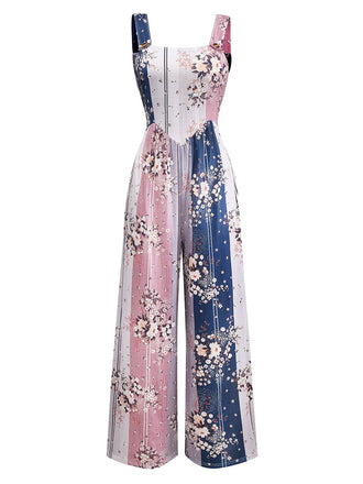 1930s Floral Colorblock High-Rise Suspender Jumpsuit