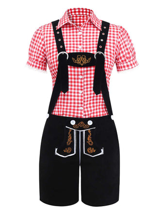 2PCS 1960s Oktoberfest Costume Plaids Blouse & Shorts