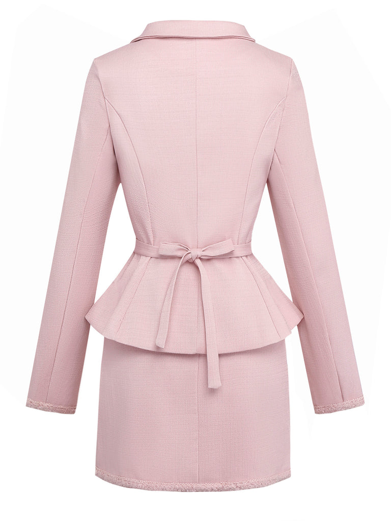 Pale Pink 1980s Solid Buttoned Blazer & Skirt Set