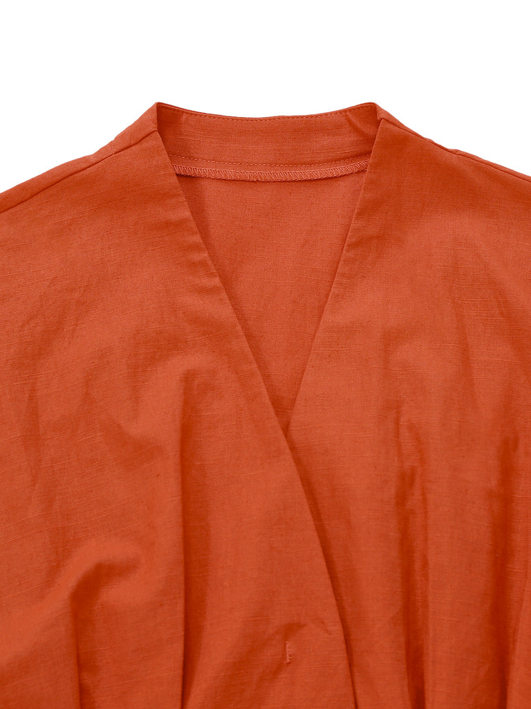 Orange 1940s V-Neck Brooch Button Solid Dress