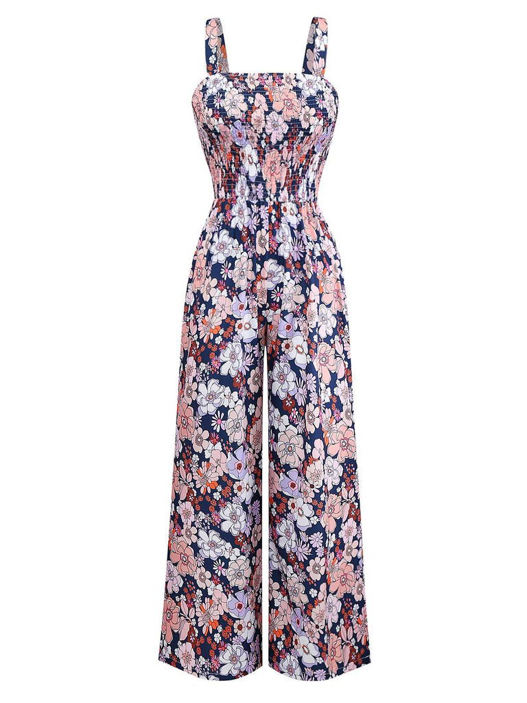 1970s Boho Floral Smocked Jumpsuit