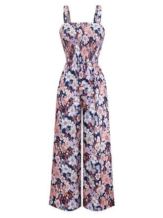 1970s Boho Floral Smocked Jumpsuit