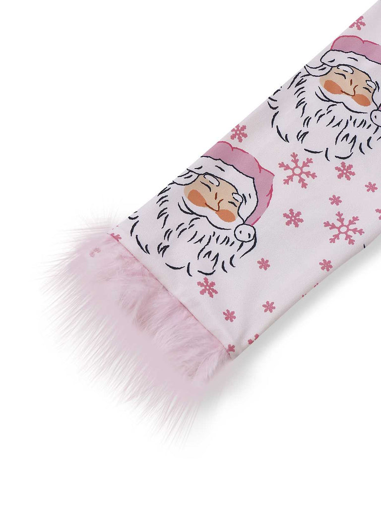 Pink 1950s Santa Print Fur Trim Pajama Set