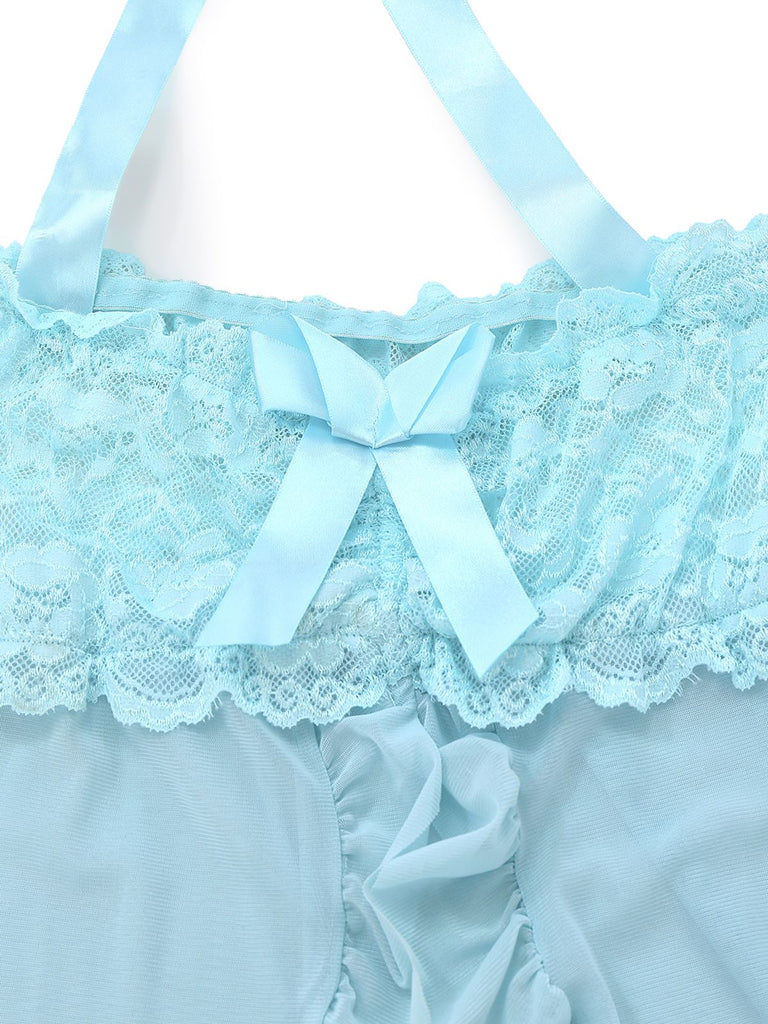 Aqua Blue 1980s Lace Bow Lingerie Set