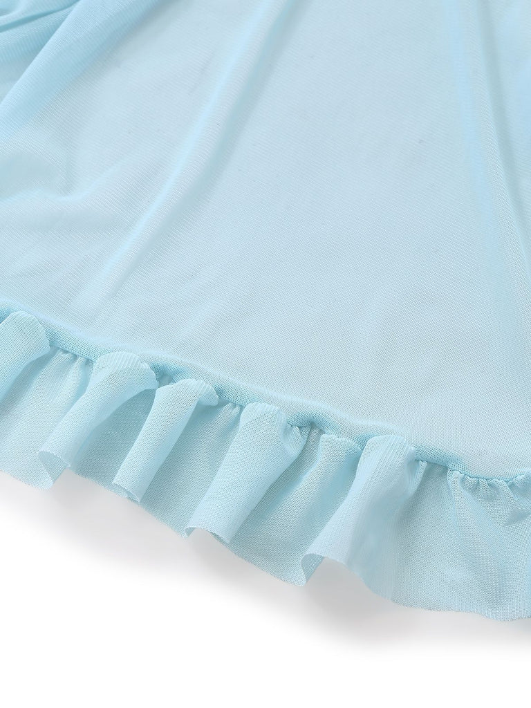 Aqua Blue 1980s Lace Bow Lingerie Set