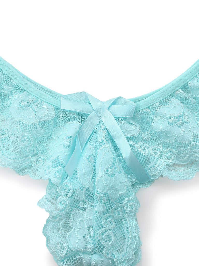 Aqua Blue 1980s Lace Bow Lingerie Set