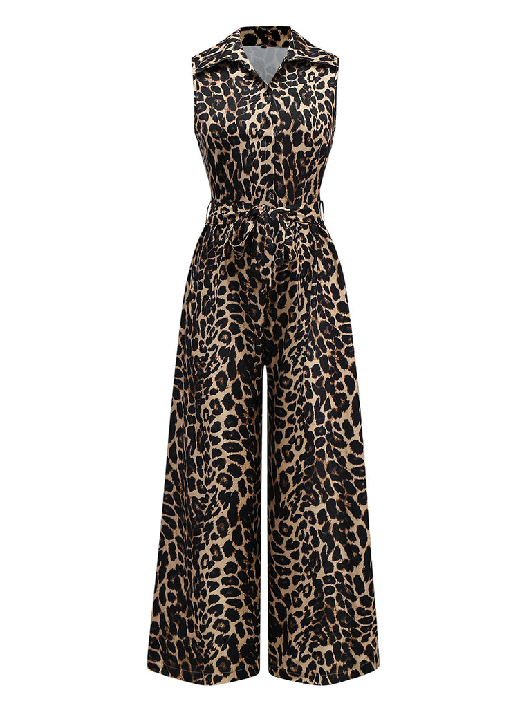 1970s Lapel Leopard Sleeveless Belted Jumpsuit