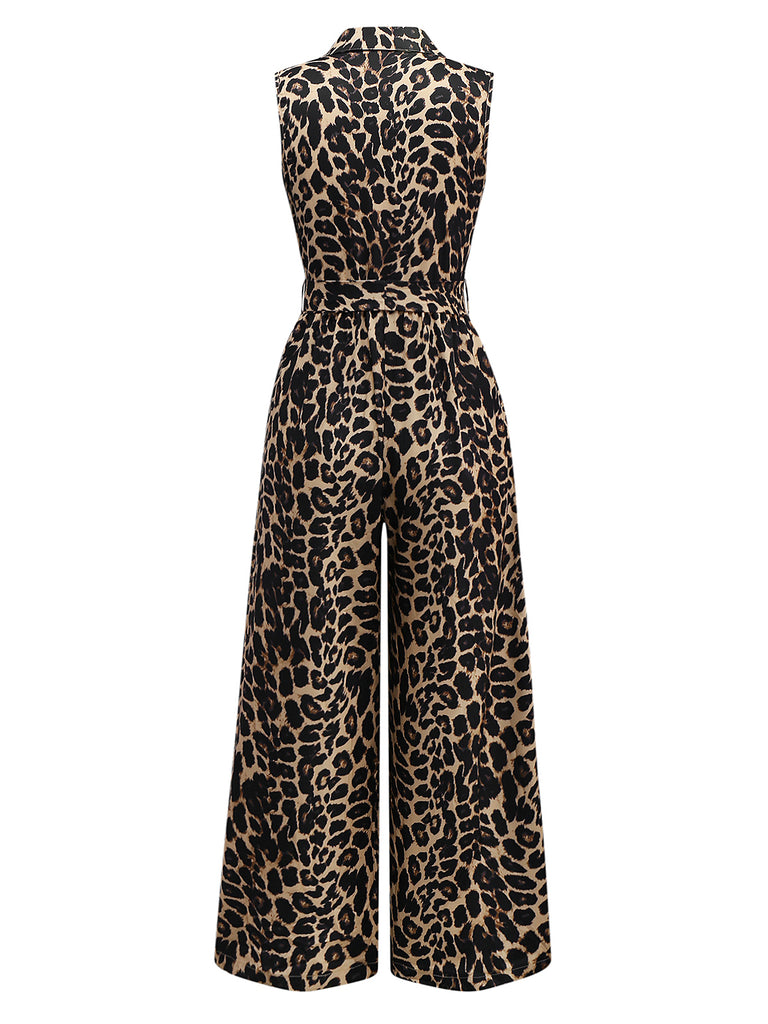 1970s Lapel Leopard Sleeveless Belted Jumpsuit
