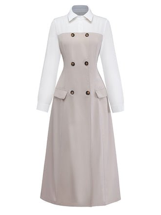 Beige 1940s Colorblock Lapel Button-Down Midi Dress