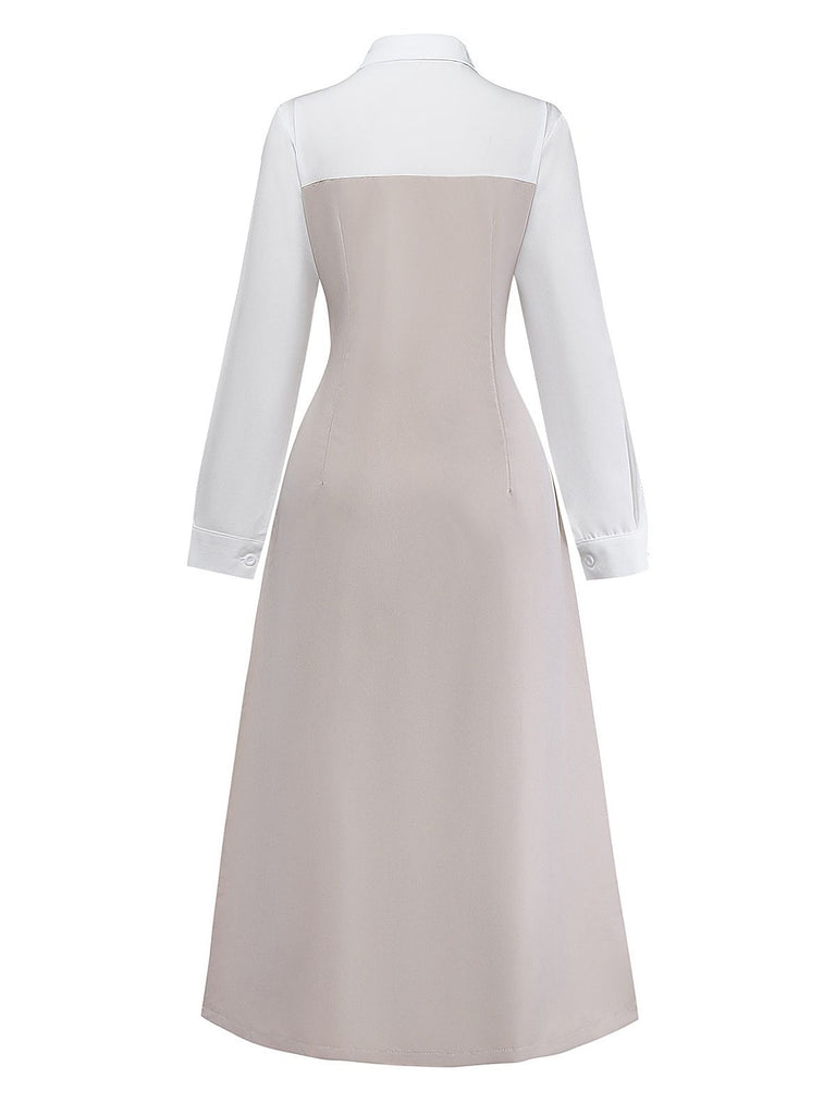 Beige 1940s Colorblock Lapel Button-Down Midi Dress