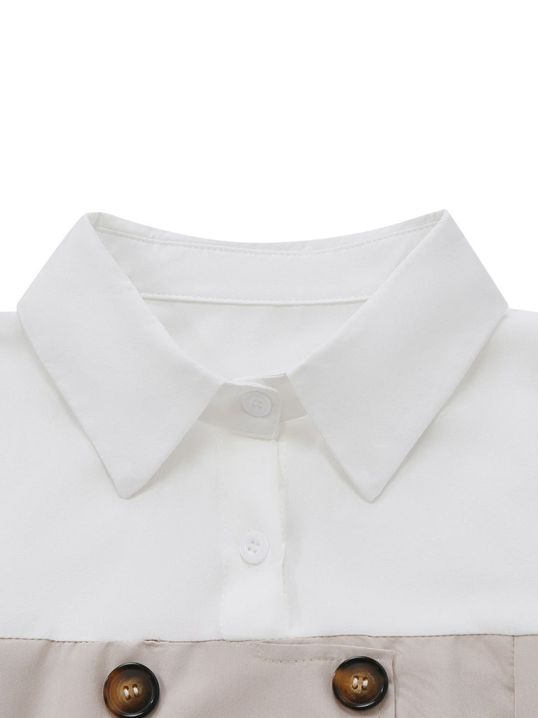 Beige 1940s Colorblock Lapel Button-Down Midi Dress