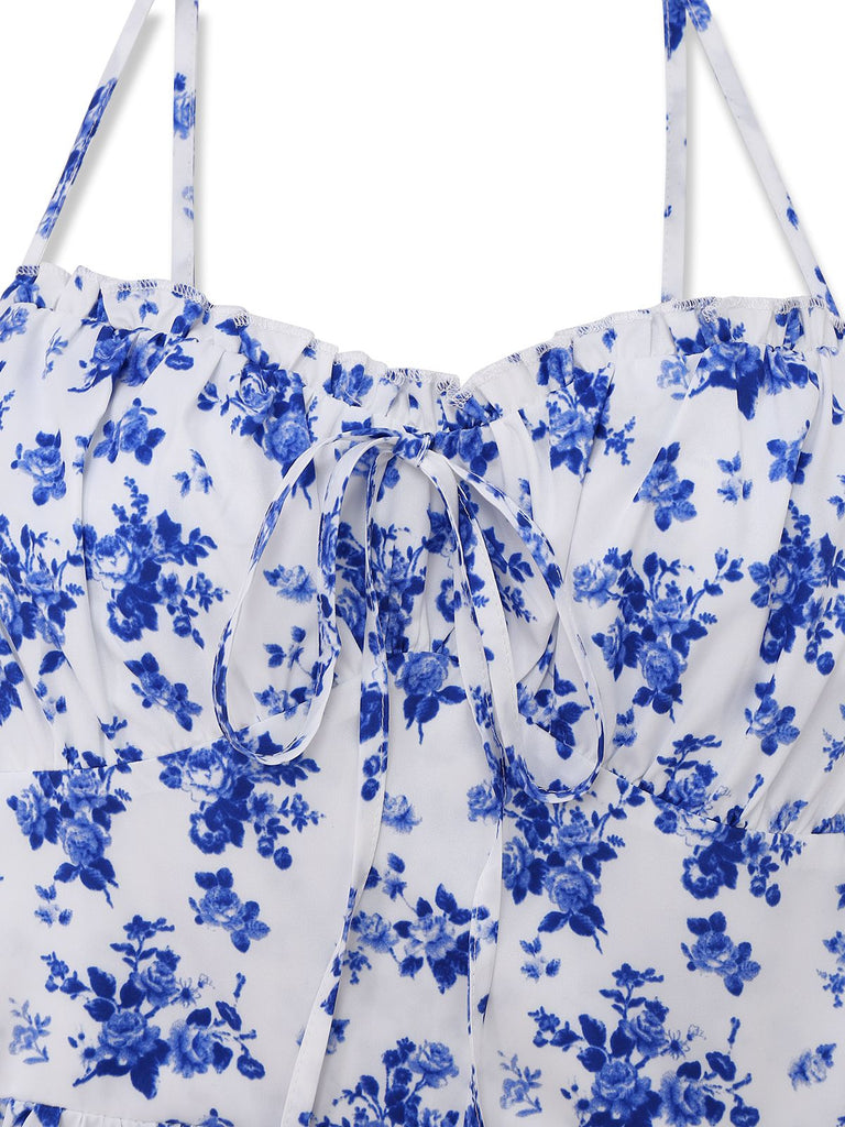 Blue 1950s Floral Spaghetti Strap Dress