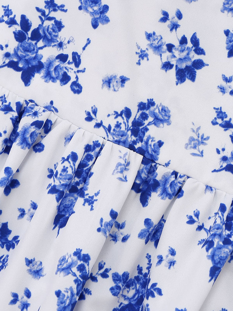 Blue 1950s Floral Spaghetti Strap Dress