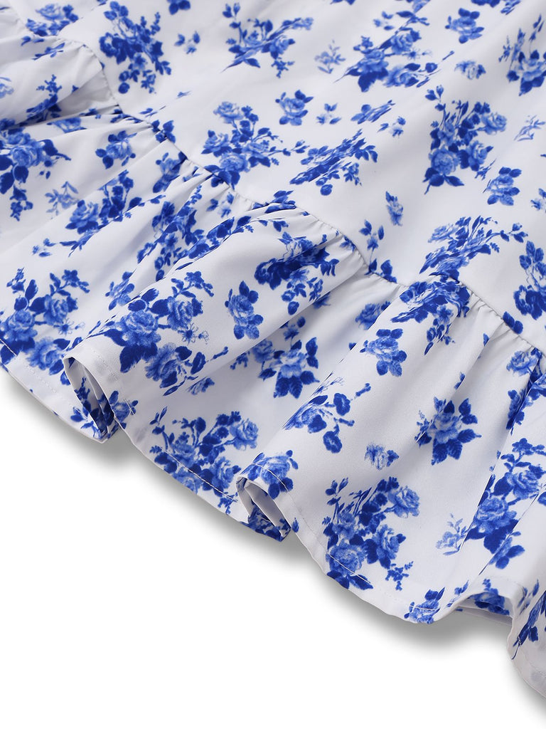 Blue 1950s Floral Spaghetti Strap Dress