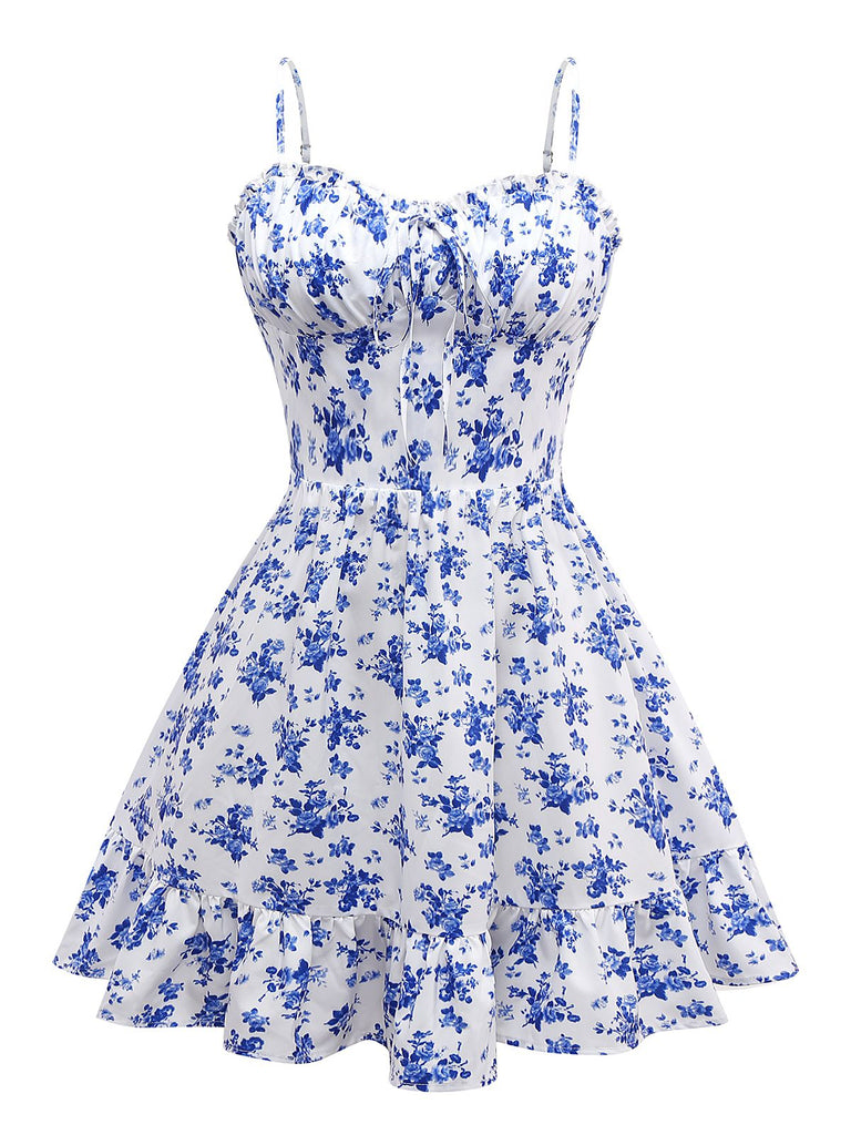 Blue 1950s Floral Spaghetti Strap Dress