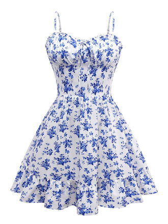 Blue 1950s Floral Spaghetti Strap Dress