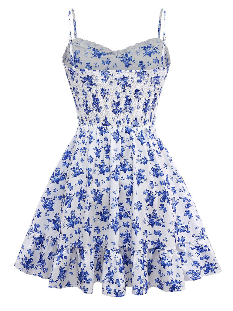Blue 1950s Floral Spaghetti Strap Dress