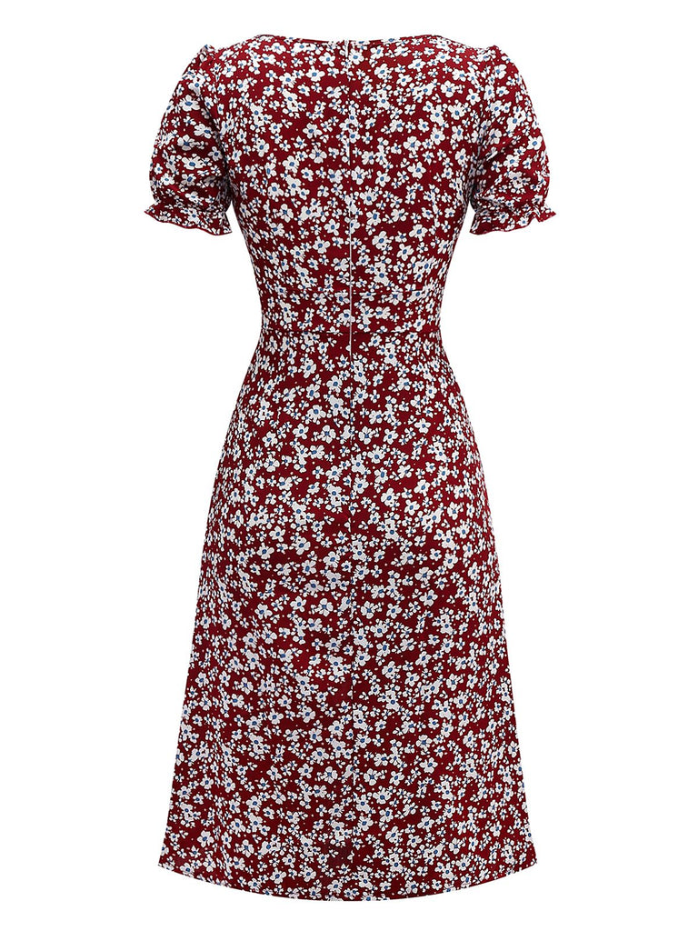 Red 1940s Floral Square Neck Puff Sleeve Dress