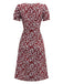 Red 1940s Floral Square Neck Puff Sleeve Dress