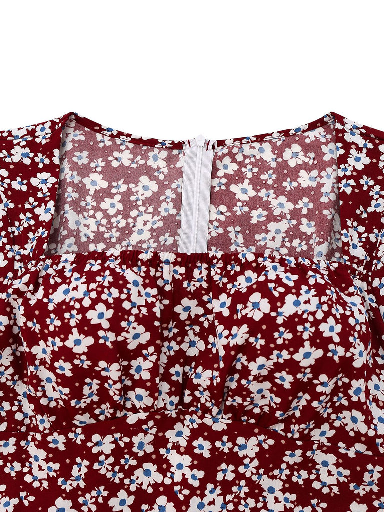 Red 1940s Floral Square Neck Puff Sleeve Dress