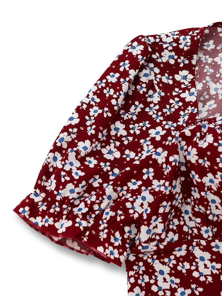 Red 1940s Floral Square Neck Puff Sleeve Dress